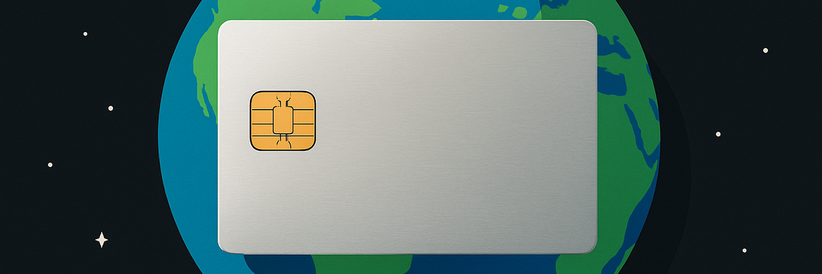 A generic silver credit card in front of earth in outer space.