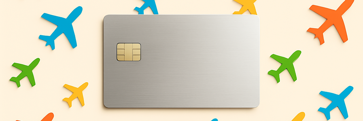 A generic silver credit card against colorful airplane images background.