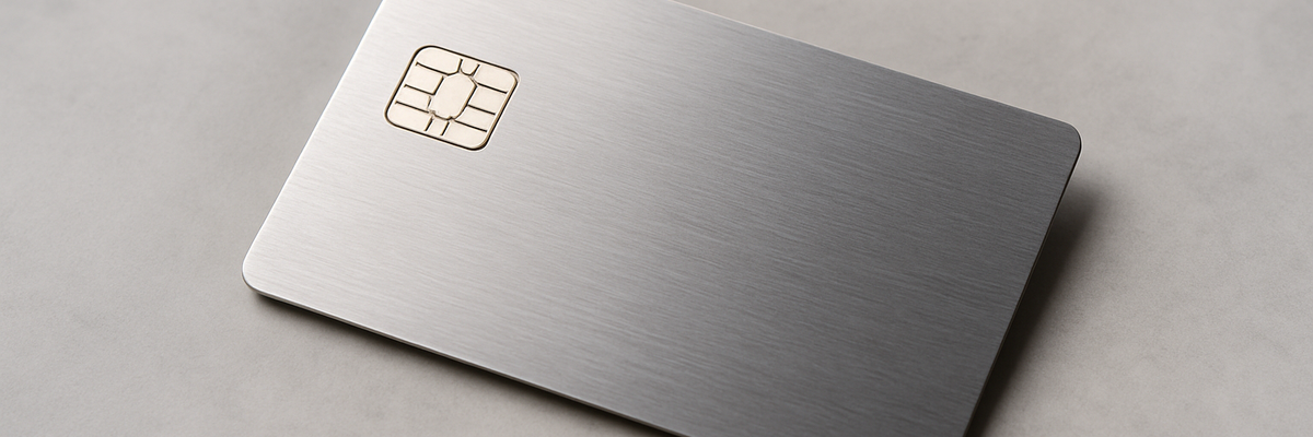 A sleek silver card resting on slate surface.
