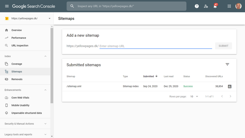 Screenshot of the Google Search Console Sitemaps page showing submitted sitemaps, if any.