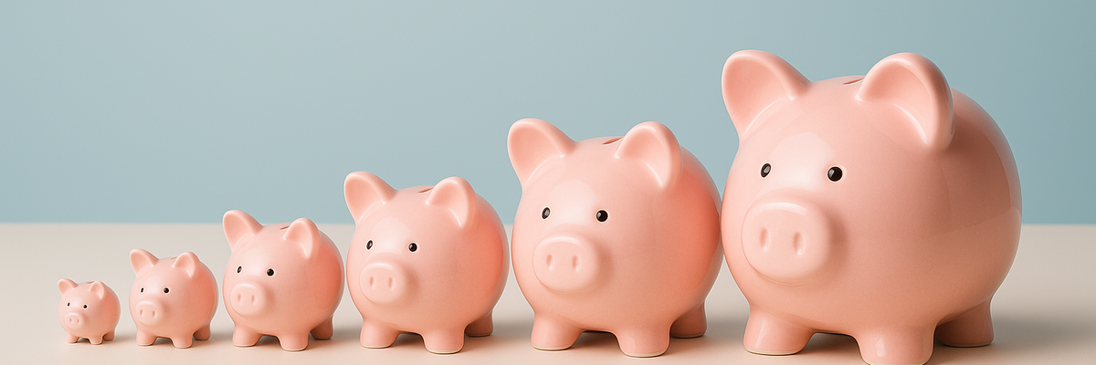 Six piggy banks in a row ranging from small to large on a blue cream slip background.