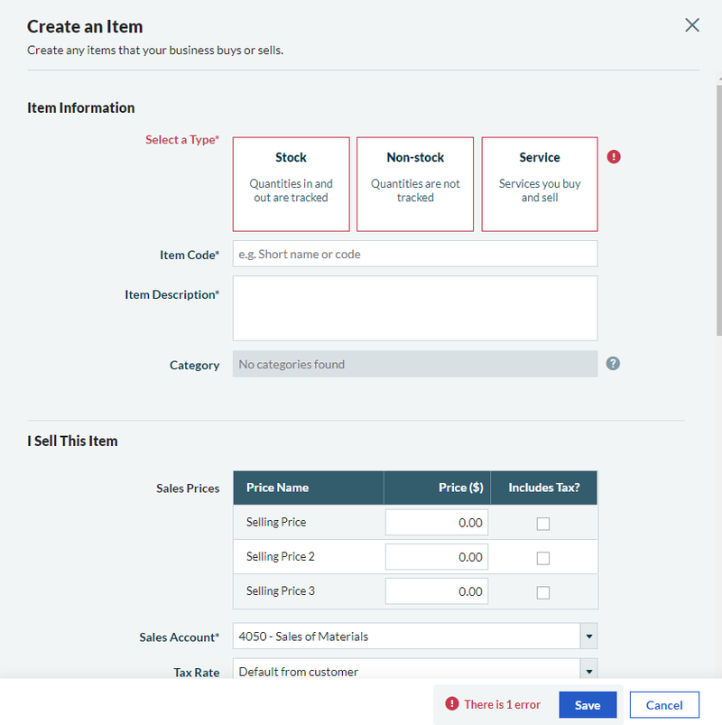 Sage Business Cloud Accounting create an item