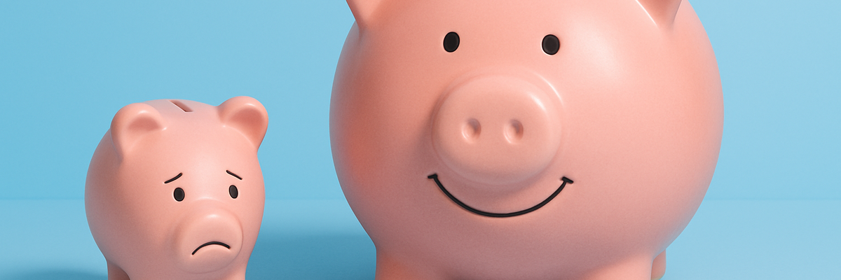 A small sad piggy bank and large happy piggy bank against light blue background.