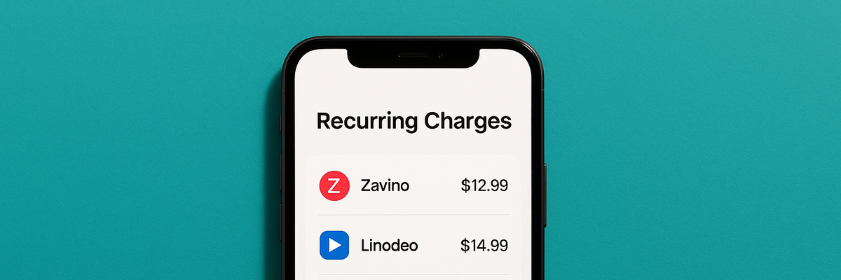 A smartphone app with list of subscriptions against teal background.