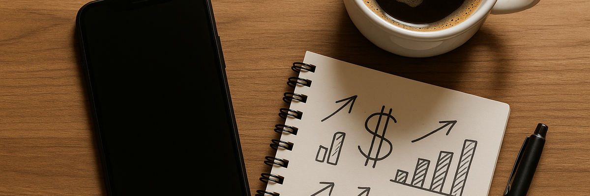 A smartphone, coffee, and notepad with drawings of upward trending graphs and dollar signs on a wooden desk.