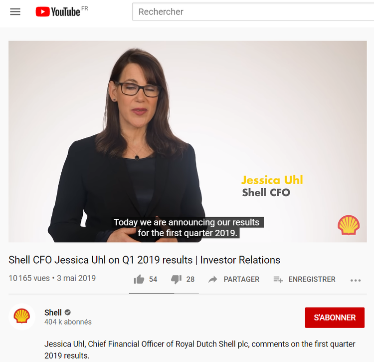 A screenshot from a YouTube video of Royal Dutch Shell's CFO presenting an quarterly report.