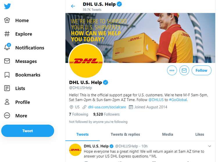 DHL's Twitter account