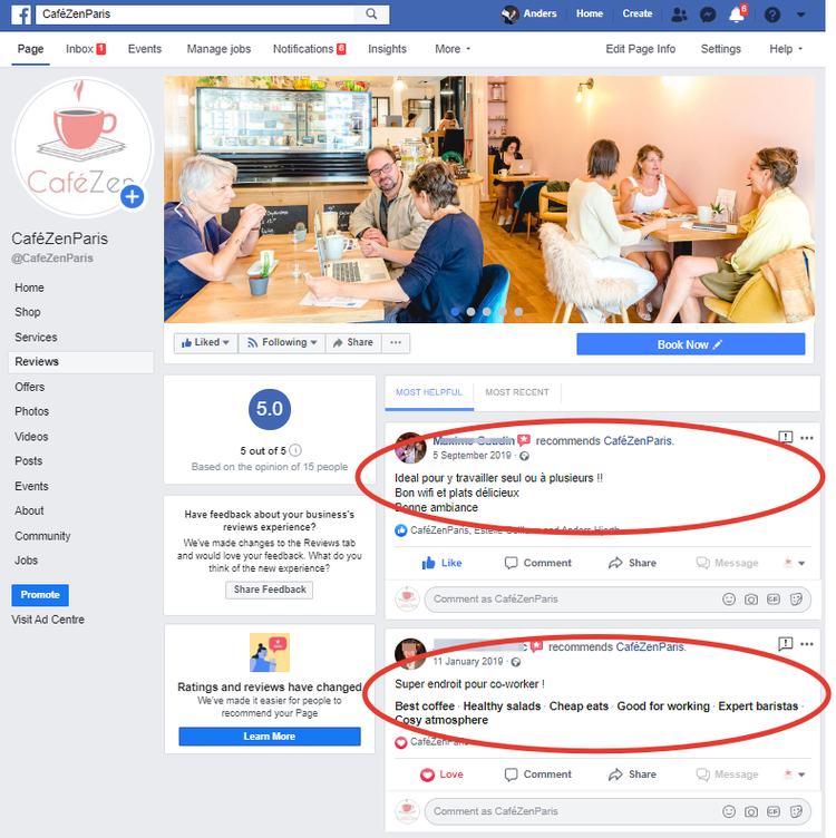 A screenshot of the CaféZen Paris Facebook page with the most helpful user reviews.