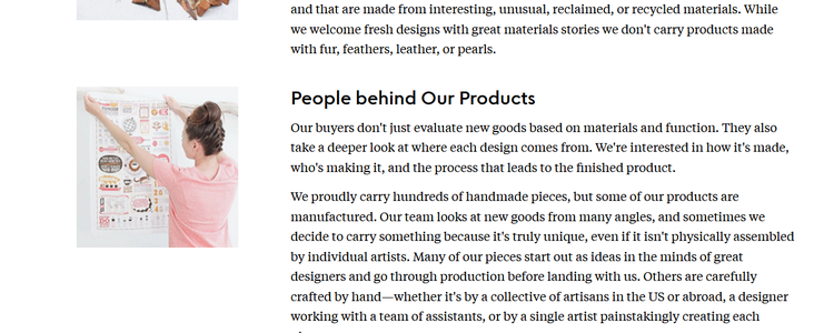 A page from the Uncommon Goods website describing the items and artisans featured on the site.