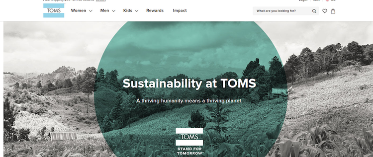 A page from the Toms website calling out its focus on sustainability set over a background of rolling hills.