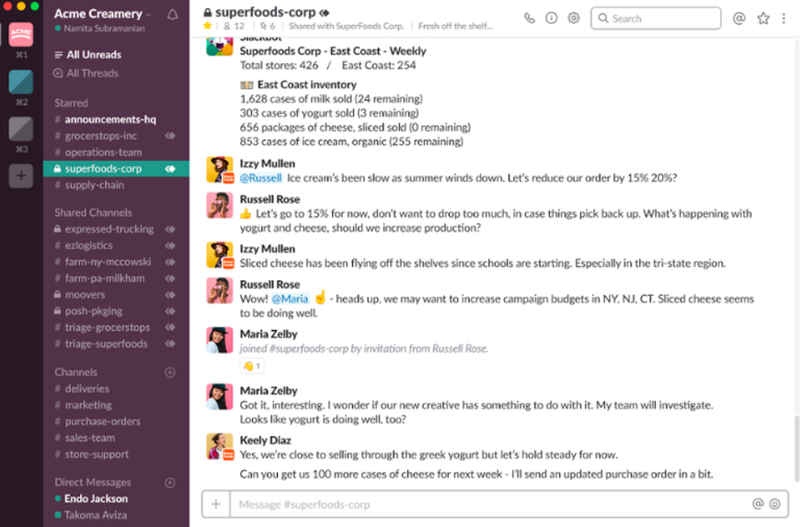 A screenshot of Slack’s main dashboard, with channels on the left and the main chat box to the right.