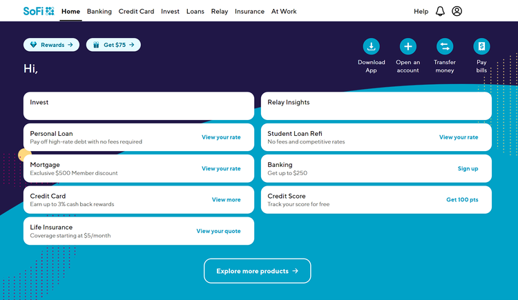 A screenshot of the SoFi Invest desktop platform.