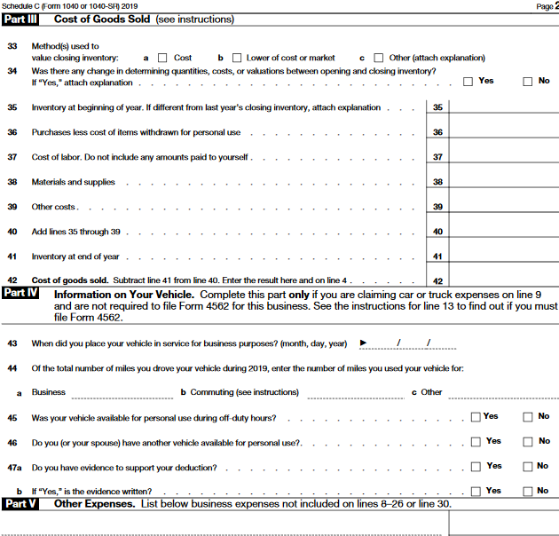 Part 3, 4, and 5 of Schedule C on Form 1040