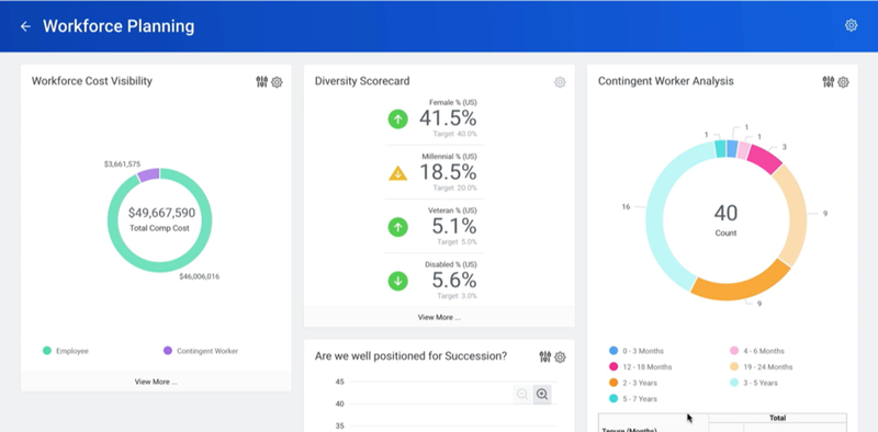 Workday’s workforce planning dashboard displaying workforce cost visibility, a diversity scorecard, and contingent worker analysis.