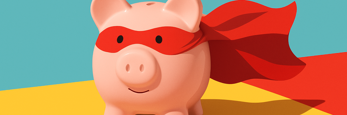 A piggy bank wearing a red superhero mask with a diagonal split yellow and teal background.