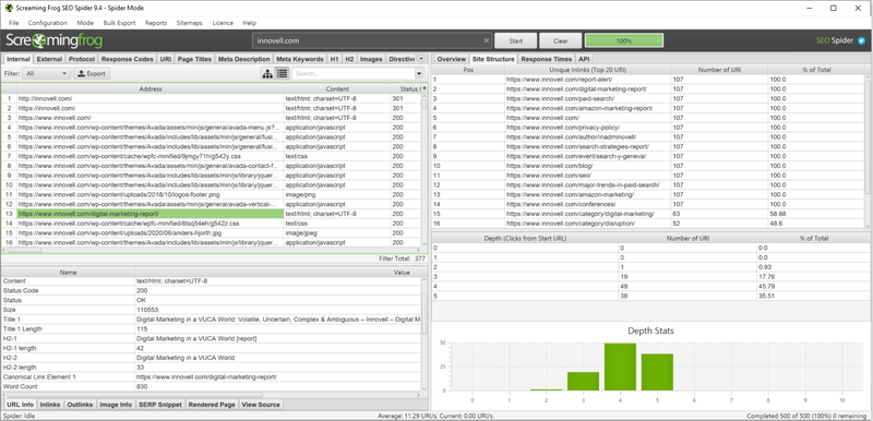 Screenshot from Screaming Frog showing crawl depth.