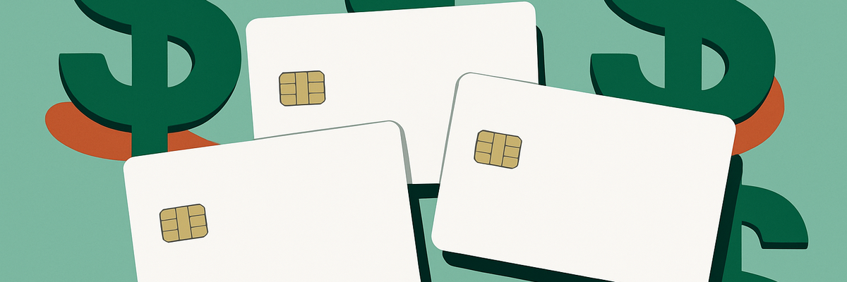 Three plain white credit cards on a light green background with dark green dollar signs.