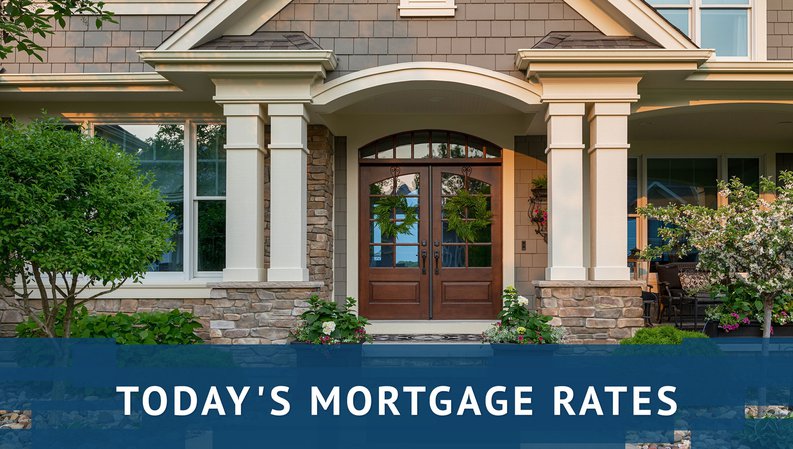 Fancy house with today's mortgage rates graphics.