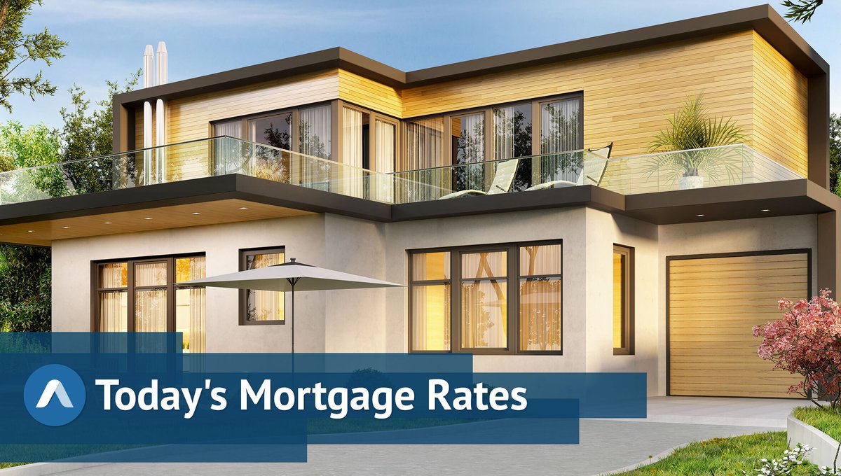 A large, fancy house with daily mortgage rates graphics.