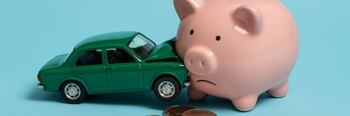 Toy green car smashed into a pink piggy bank with coins spilled out on light blue background.