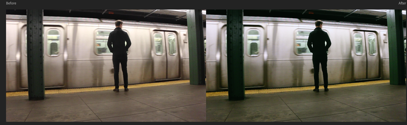Before and after color grade of a man standing on a subway platform.