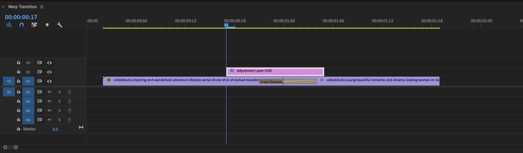 The Timeline panel in the software Adobe Premiere Pro.