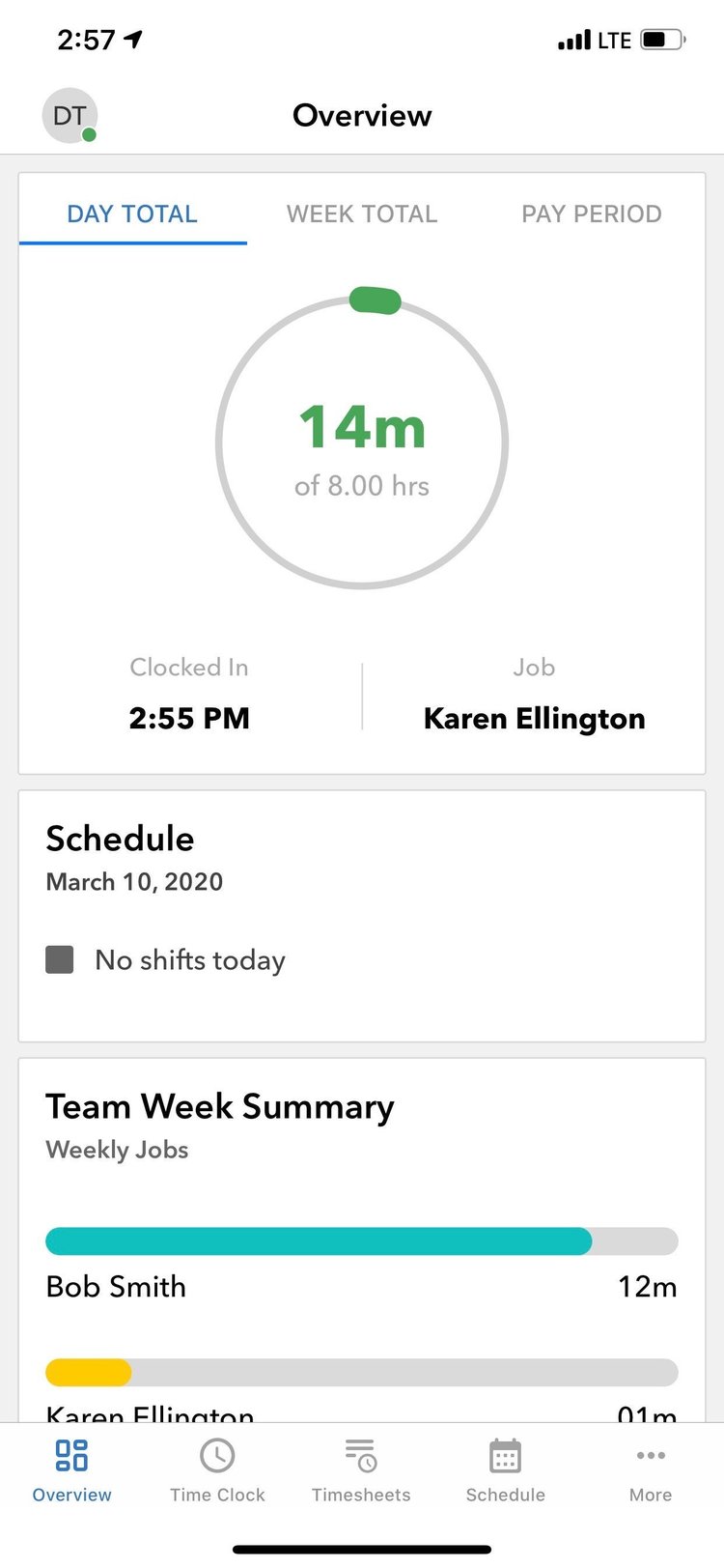 A screenshot of TSheets’ mobile app for easier time tracking.
