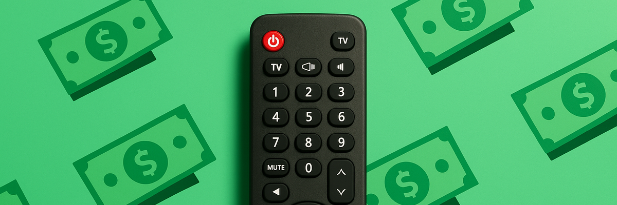 A tv remote centered on green background with dollar bills.