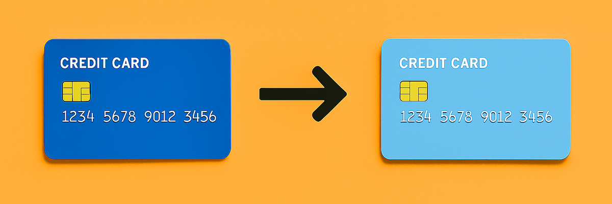 Two blue credit cards of differing shades with an arrow in between on a light orange background.