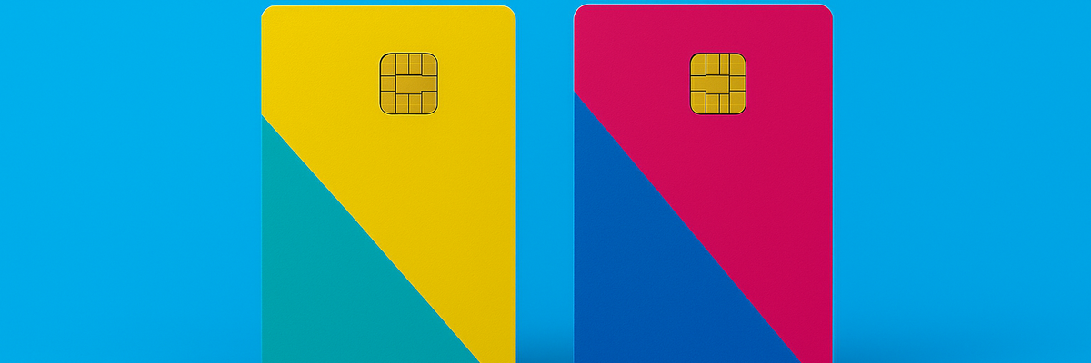 Two brightly colored credit cards on blue background.