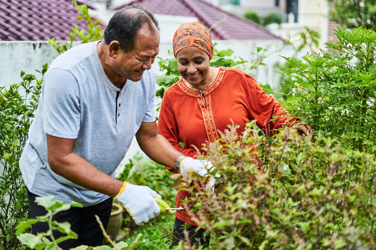 Two older people smiling while gardening in their backyard.