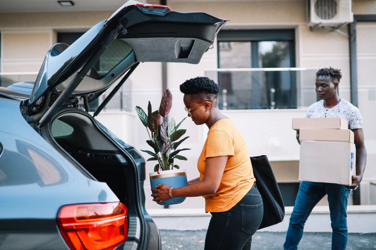 Two people unloading moving boxes and a potted plant from the trunk of a car.