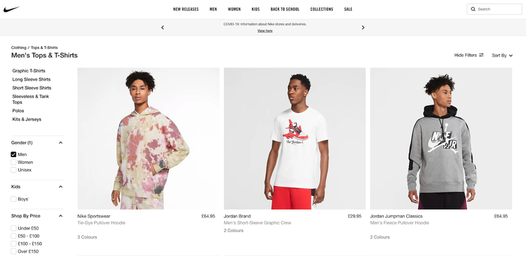 Nike's online store showing men's tops and t-shirts page showing a selection of tops