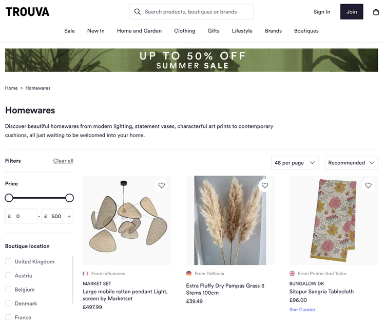 Trouva's homewares page showing three individual boutiques
