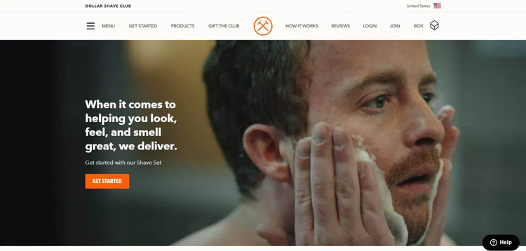 Dollar Shave Club's homepage showing man with hands on his face and get started button