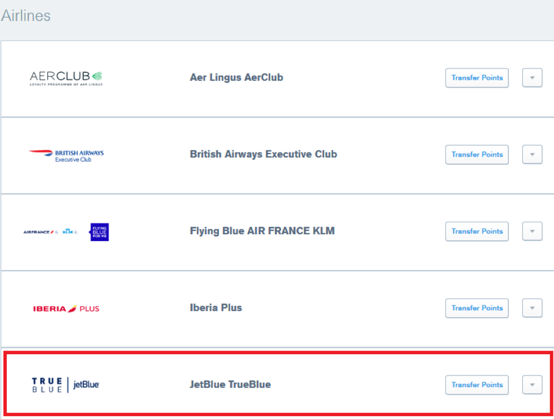 selecting JetBlue TrueBlue to transfer points