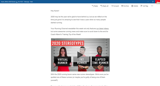 An email from The Running Channel featuring a video on running stereotypes.
