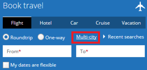 booking travel with "multi-city" option selected