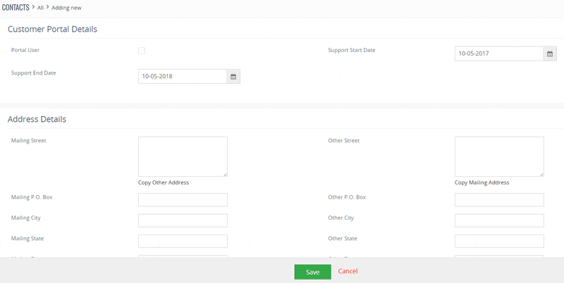 Vtiger contact creation screen with form fields to add details about the customer.