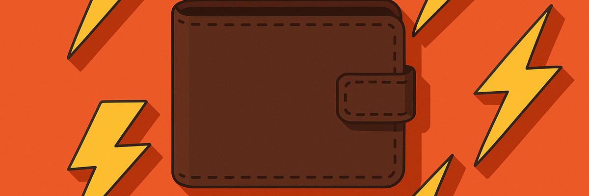 A brown wallet on an orange background with lightning bolts.