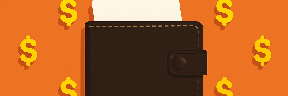 A closed wallet with a card sticking out the top on an orange background with yellow dollar signs.