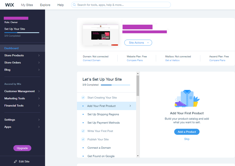 The main dashboard for content management system, Wix.
