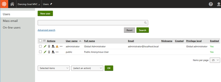 Kentico's section to manage contributors and users of the CMS.