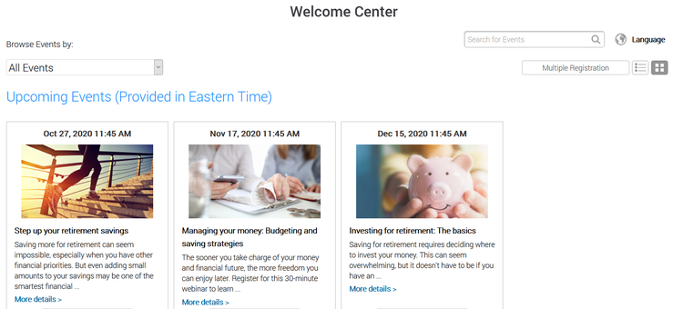 A screenshot of upcoming webinars hosted by Wells Fargo.