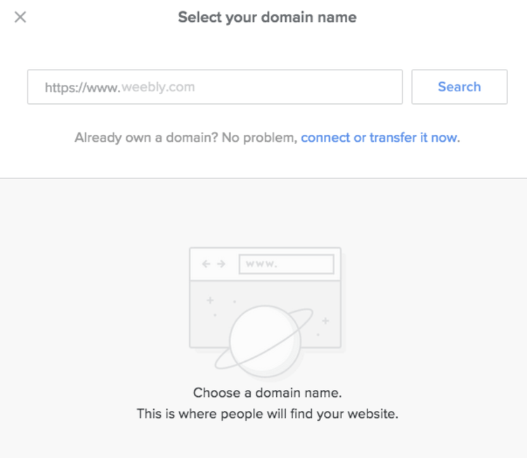 Pop up from Weebly to select your domain name with a search bar and an option to transfer an existing domain over.