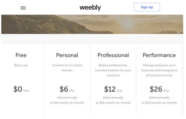 The four Weebly pricing tiers from free up to Performance ($26/month billed annually).