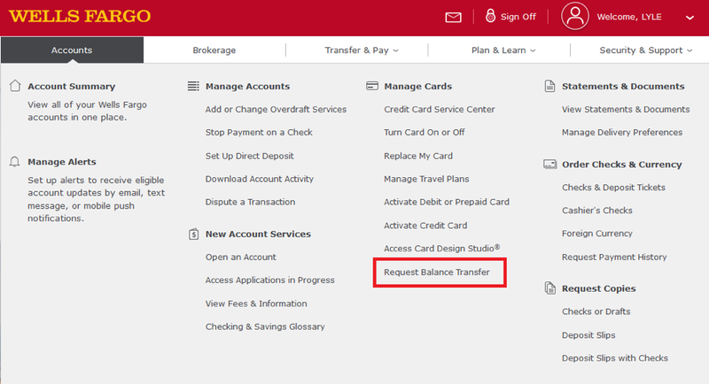 wells fargo website with "request balance transfer" link highlighted