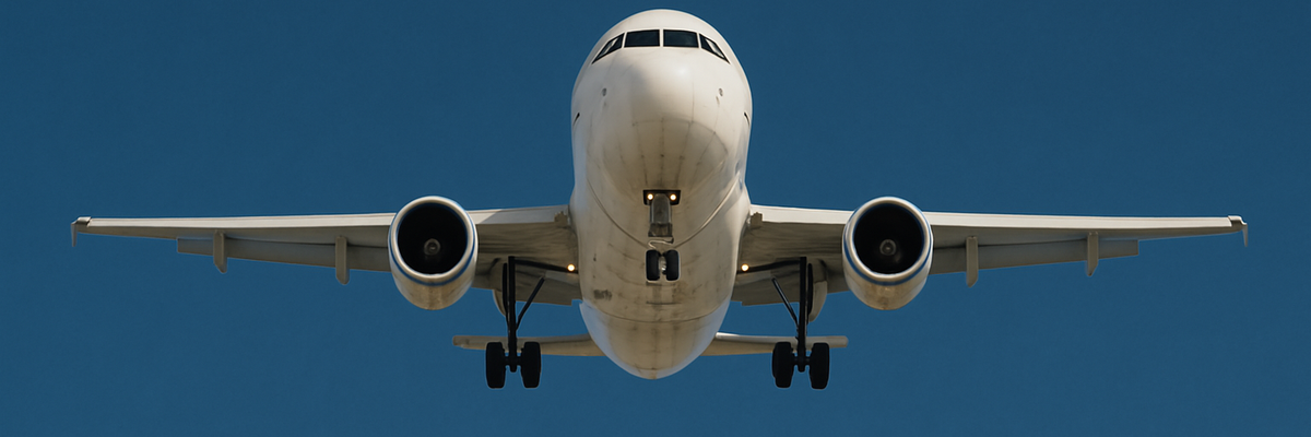 A white airplane taking off against blue background.