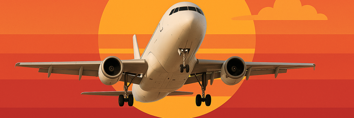 A white airplane taking off against graphic sunset background.
