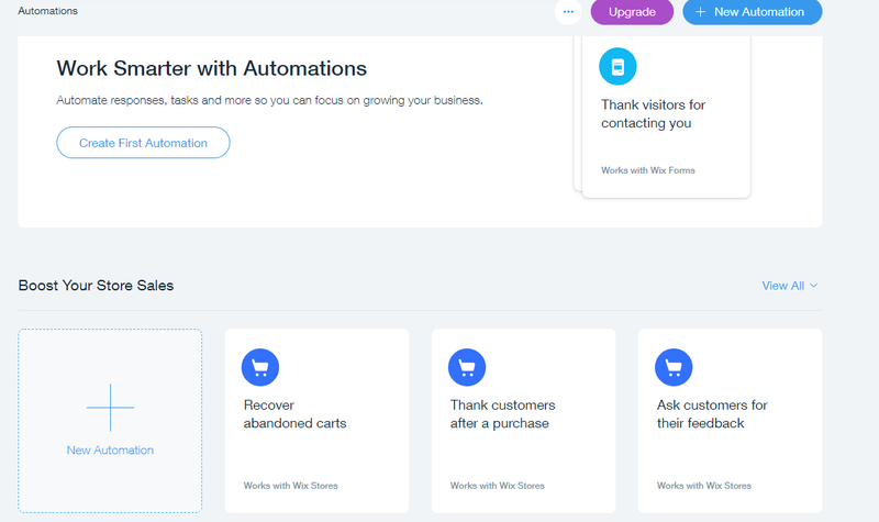 Wix automation dashboard options to build a new automation or add eCommerce emails.